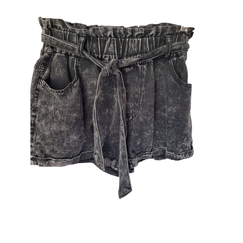 Tgla Shorts Women XS Black Elastic Tie Waist Acid Wash Black Paper Bag Cuffed